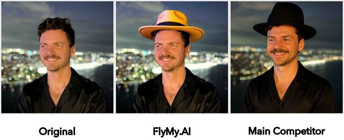 Add a hat edit comparison: original photo, FlyMyAI result preserving the face, main competitor changing the face
