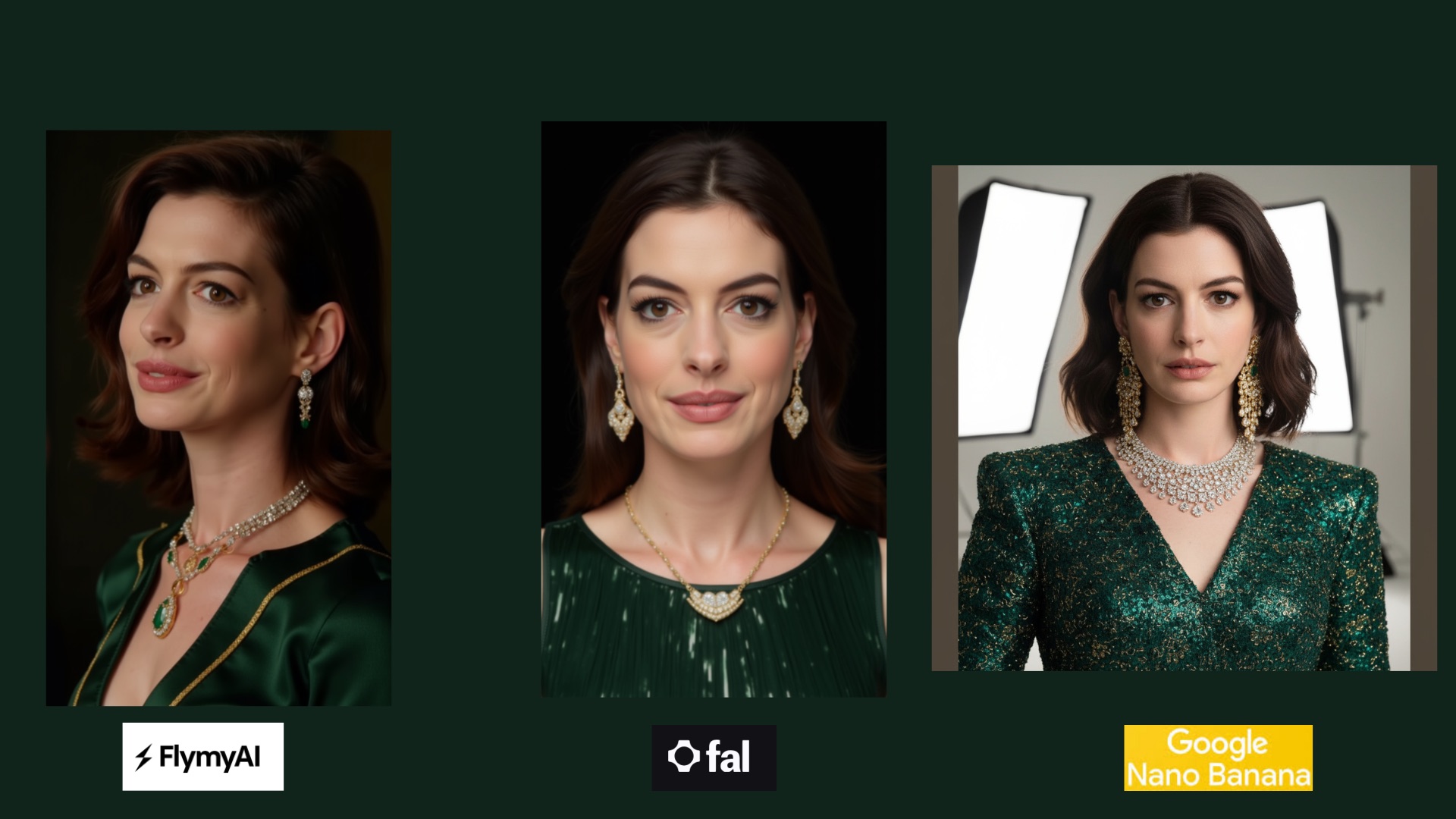Comparison: studio photoshoot in a dark green dress - FlyMyAI vs Fal vs Nano Banana