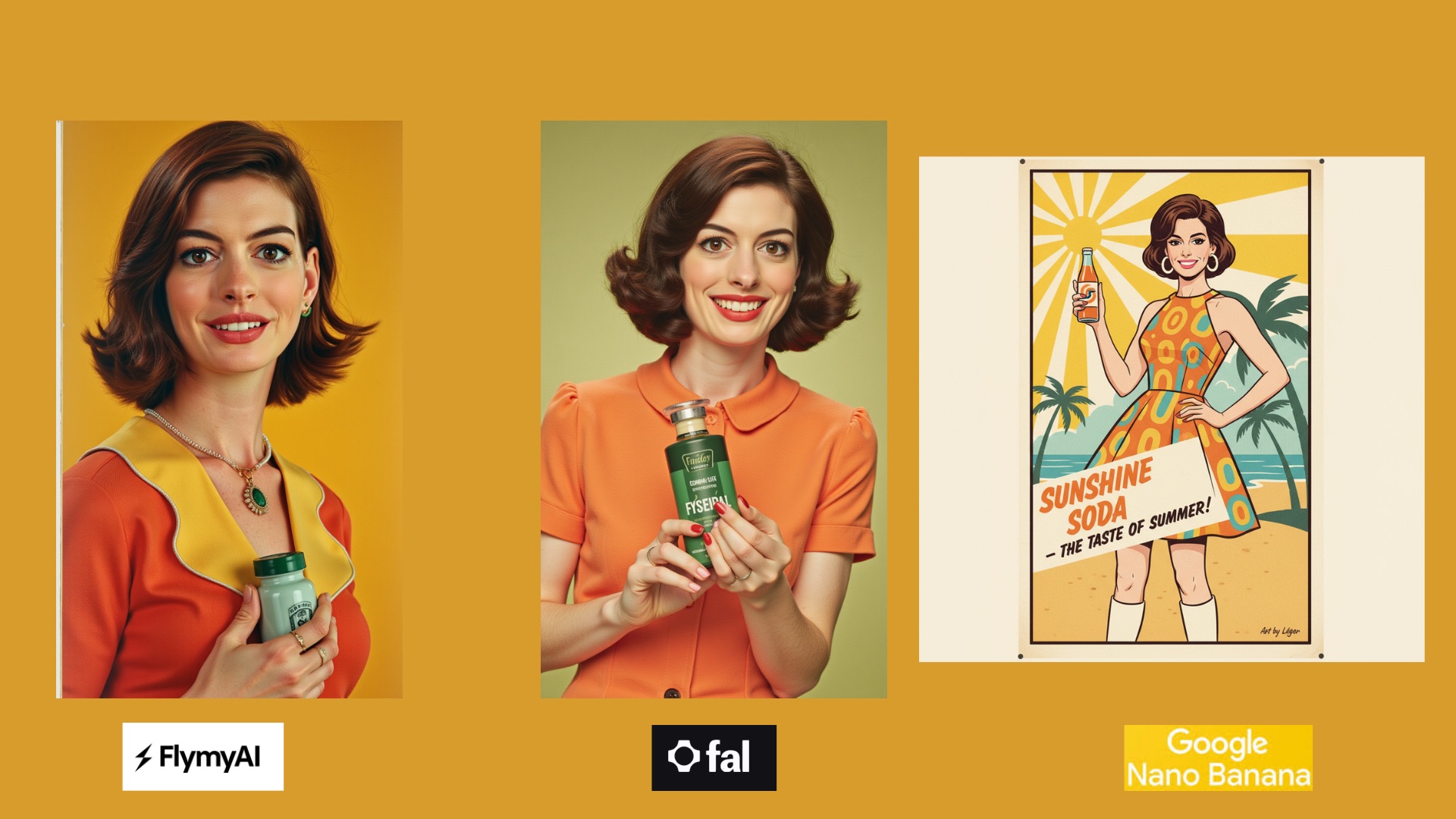Comparison: vintage poster model in 1960s fashion - FlyMyAI vs Fal vs Nano Banana
