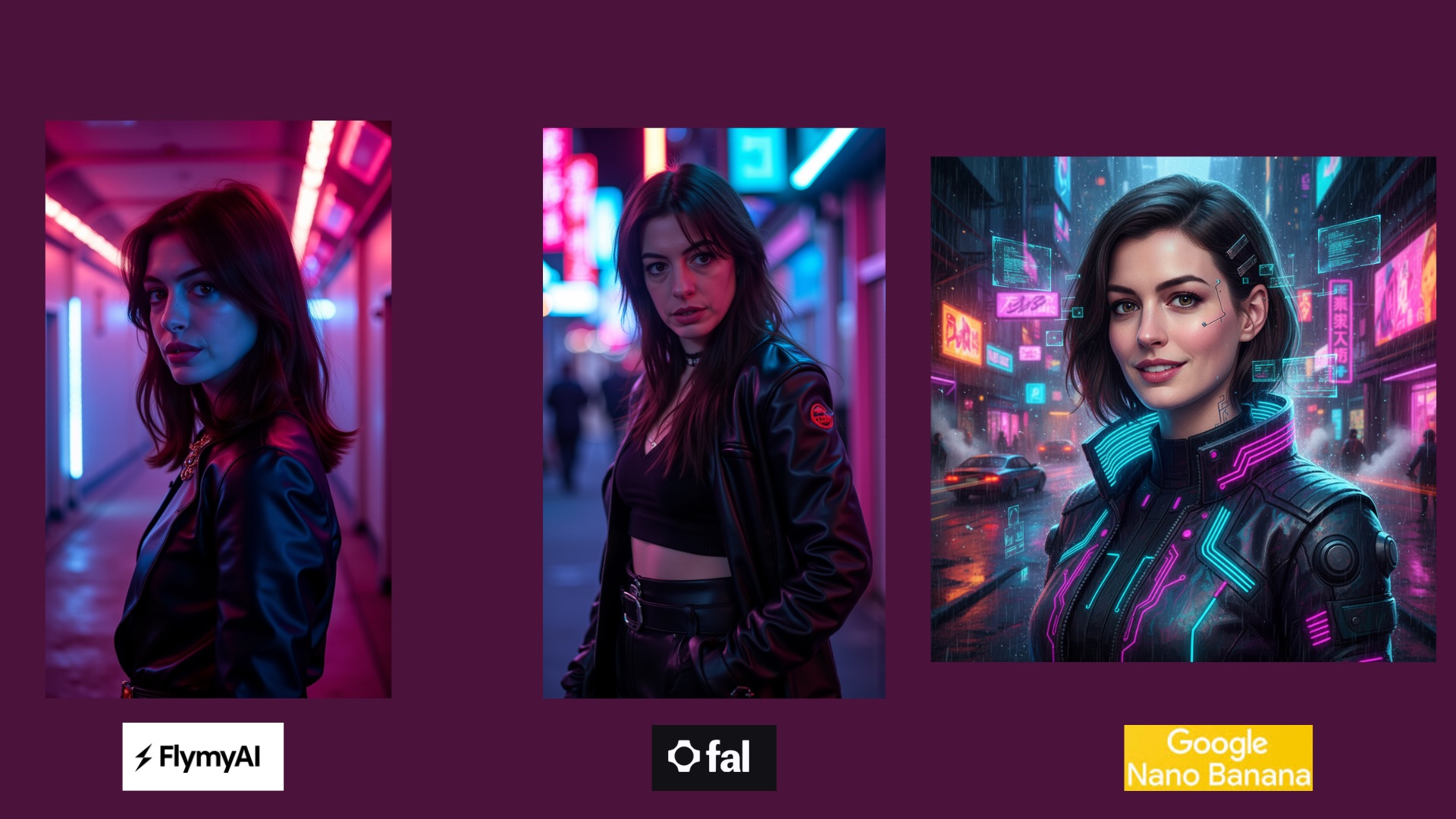 Comparison: cyberpunk aesthetic with neon lighting - FlyMyAI vs Fal vs Nano Banana
