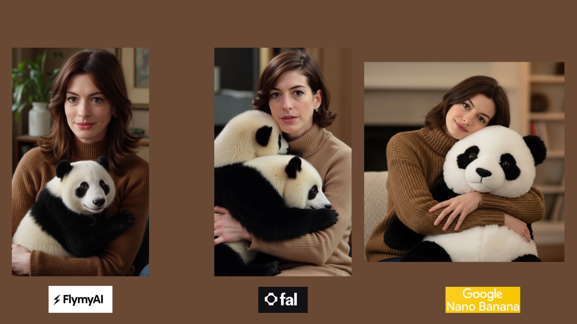 Comparison: brown turtleneck sweater hugging a panda - FlyMyAI vs Fal vs Nano Banana