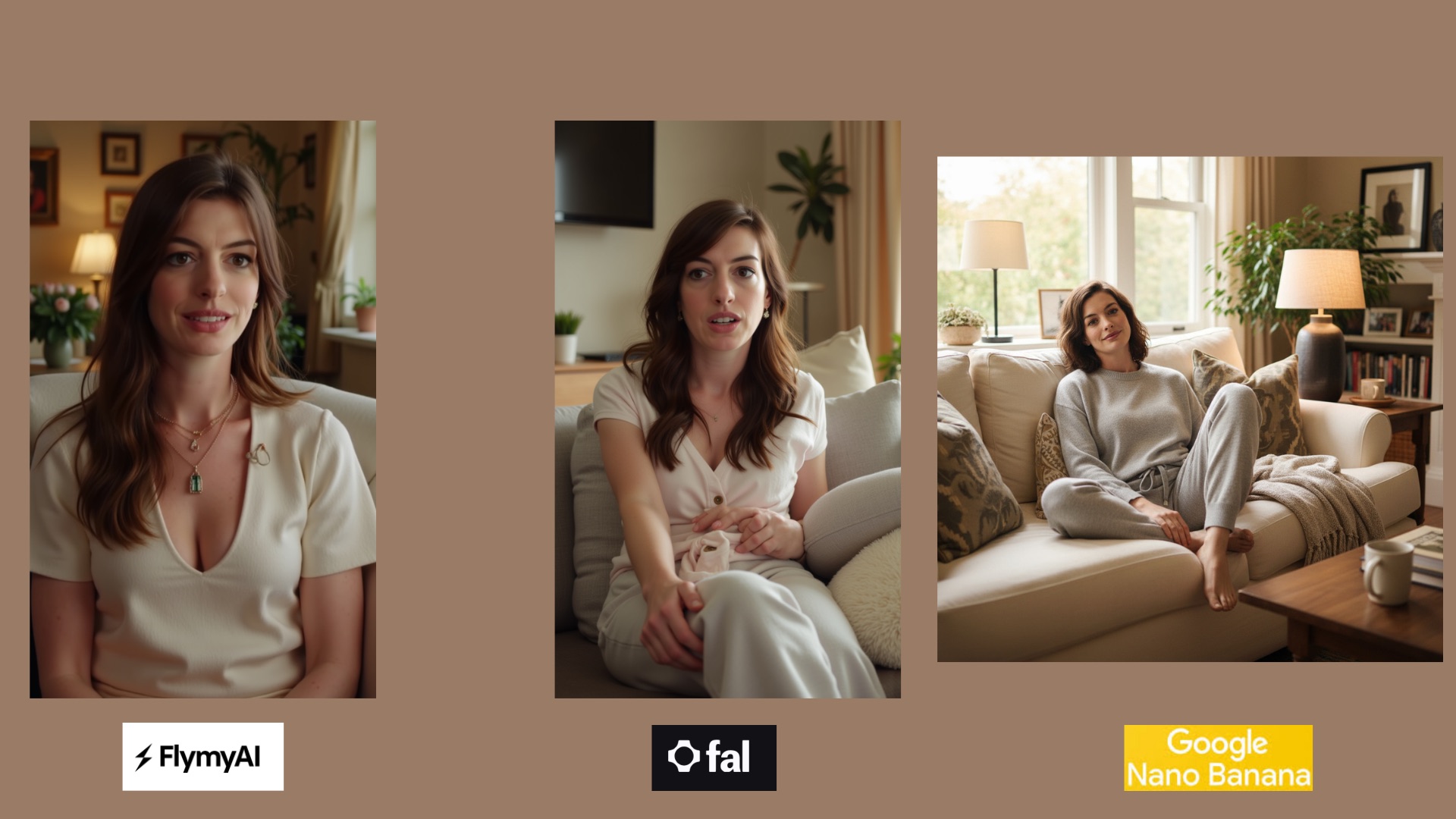 Comparison: relaxing at home in loungewear - FlyMyAI vs Fal vs Nano Banana