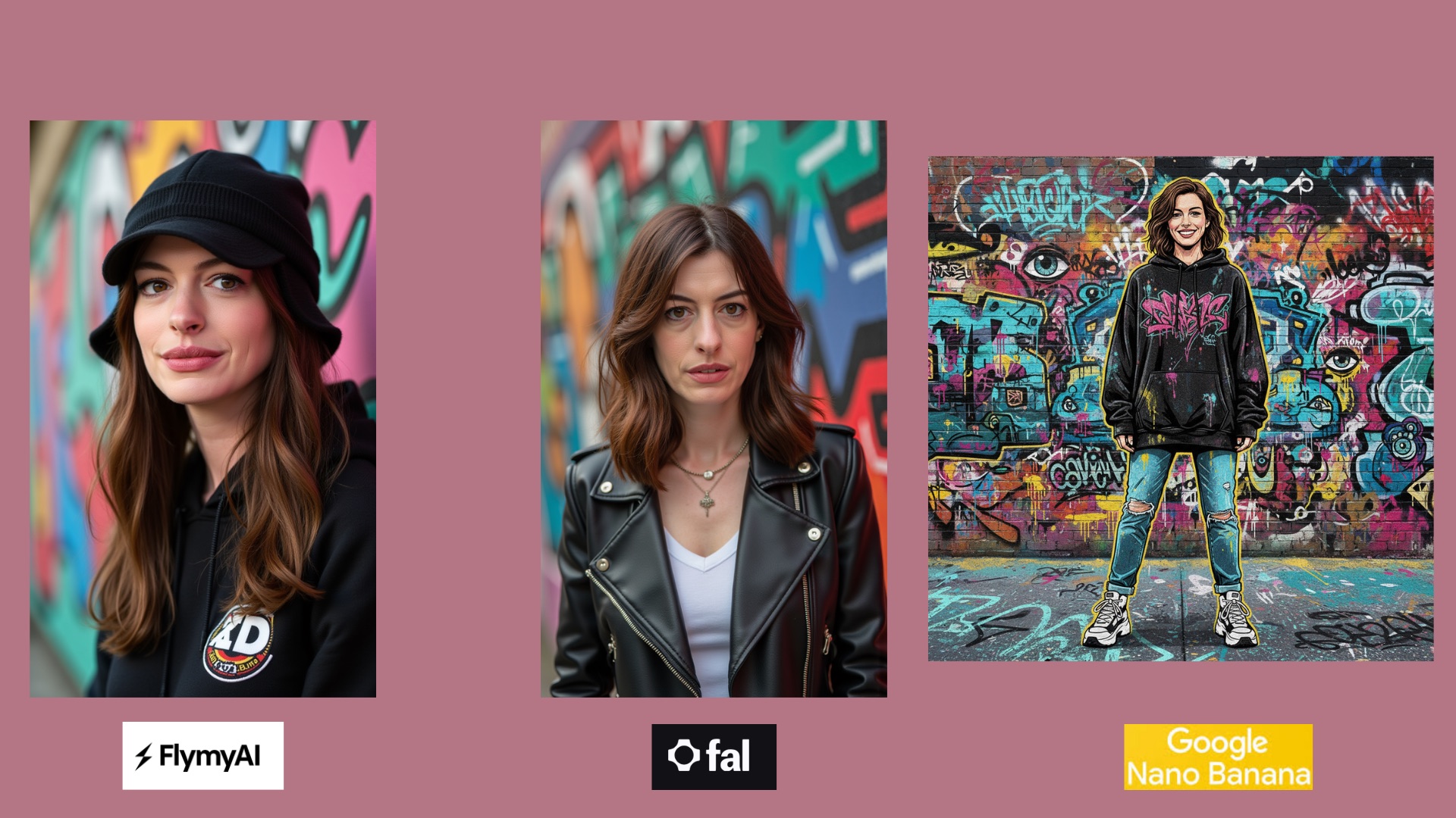 Comparison: street art style with graffiti background - FlyMyAI vs Fal vs Nano Banana